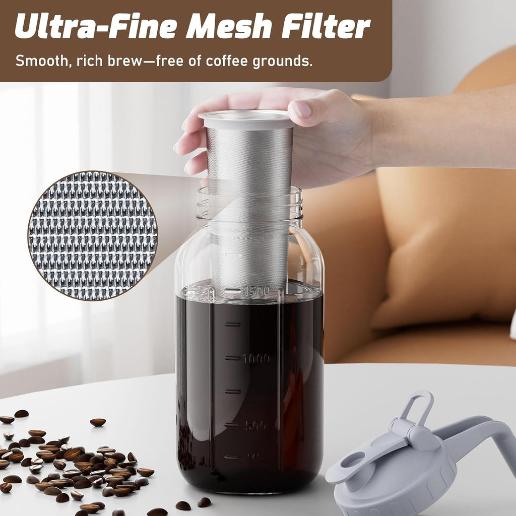 Cold Brew Coffee Maker, 64 oz Glass Mason Pitcher | 100μm stainless steel filter, wide mouth design, leak-proof lid