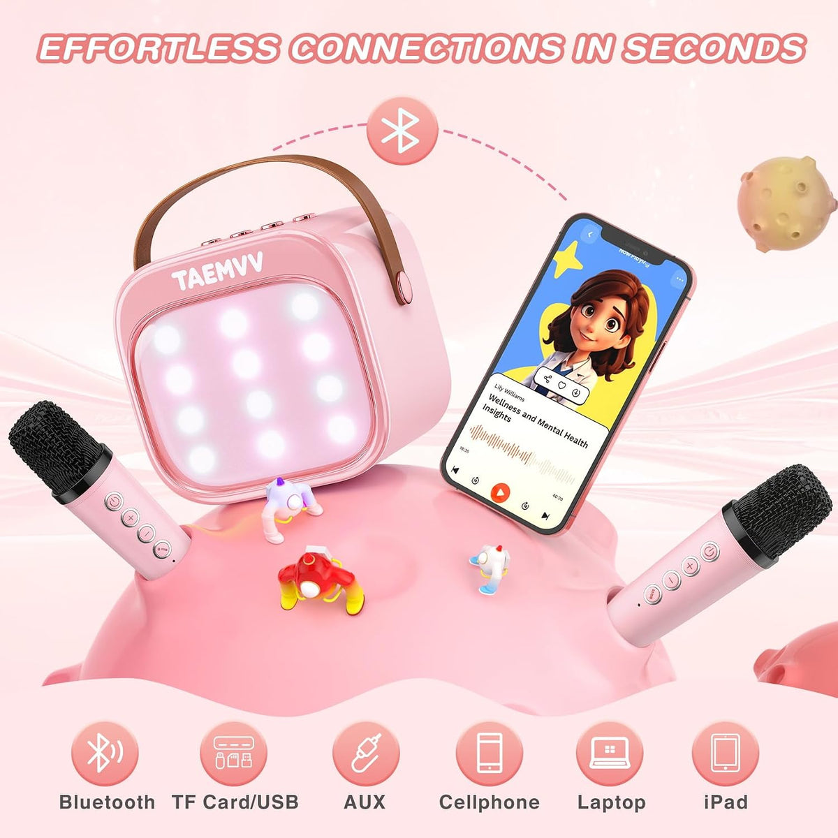 Mini Karaoke Machine for Kids with 2 Wireless Microphones, Pink | Karaoke Speaker, Bluetooth, Magic Voice Changer