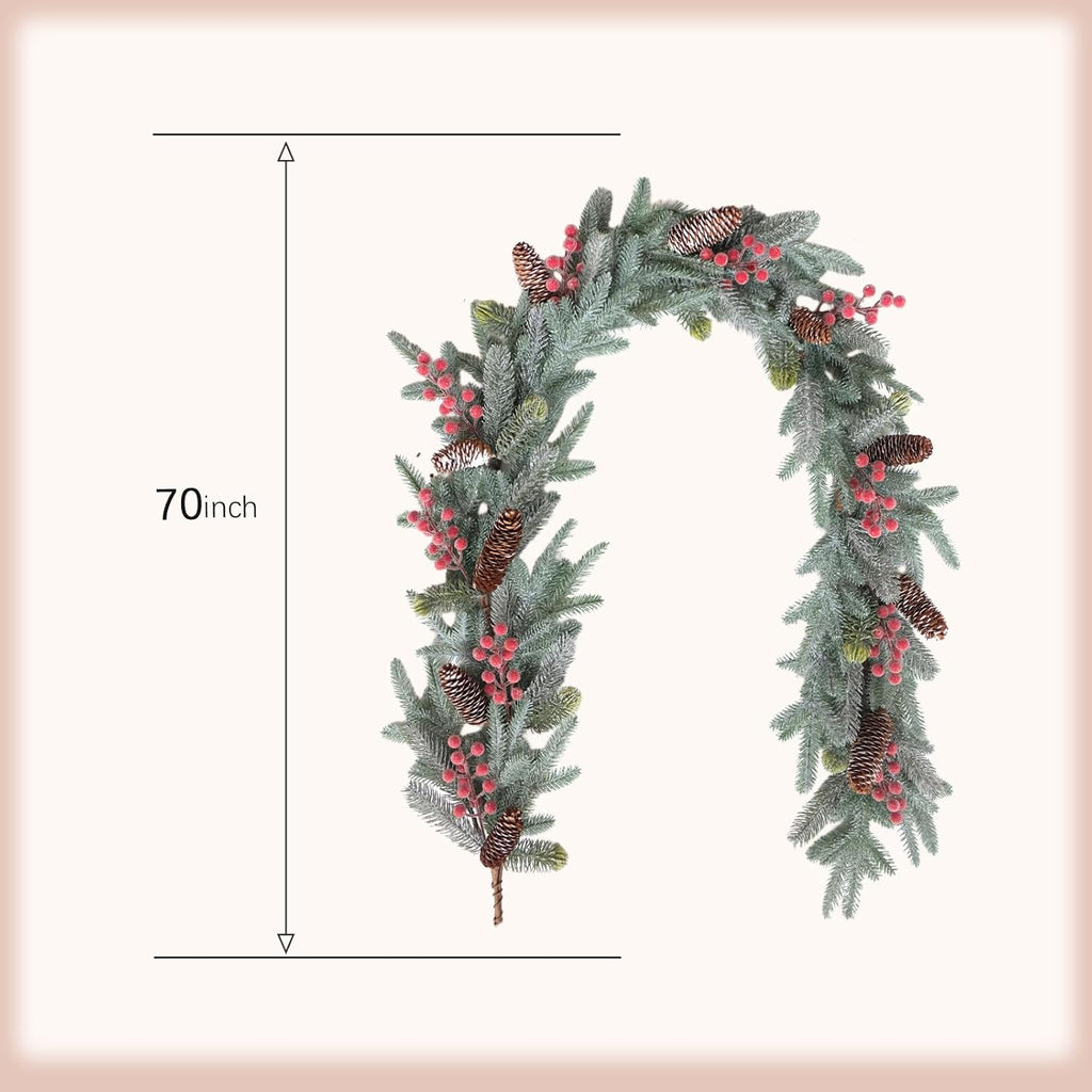 6FT Christmas Garland with Red Berries and Pinecones - Table Decor, Winter Greenery for Holiday Season Mantel
