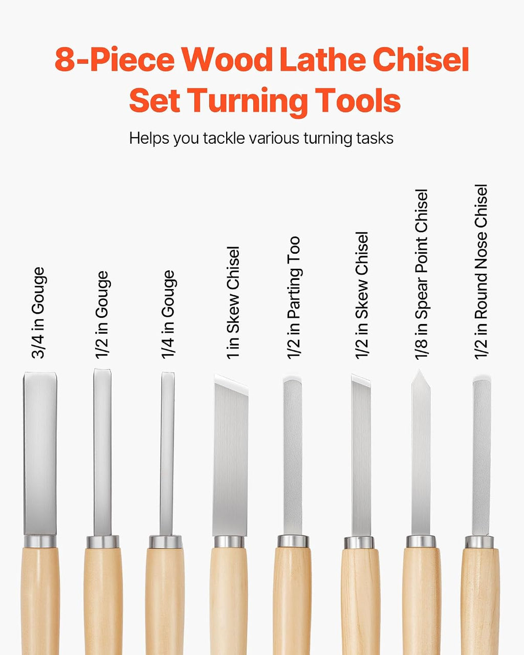 Wood Lathe Turning Tool Set, 8PCS, Lathe Chisel Set with Carbon Steel Blade, 2 Skew, 1 Spear Point, 1 Parting, 1