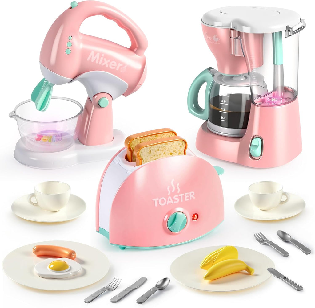 Play Kitchen Toys, Pretend Food Kitchen Accessories Girls Toy with Coffee Maker, Mixer, Toaster with Realistic
