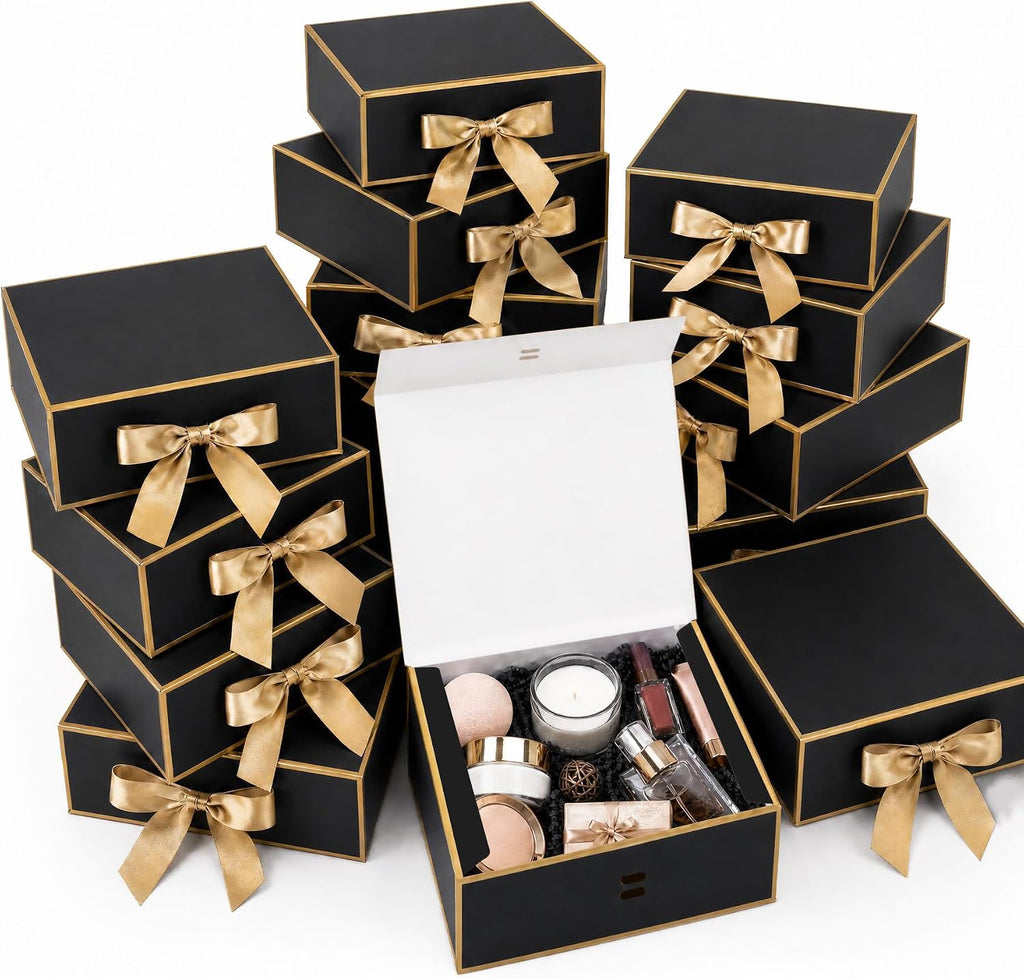 12Pack Small Gift Boxes with Lids, Black Boxes with Gold Ribbon