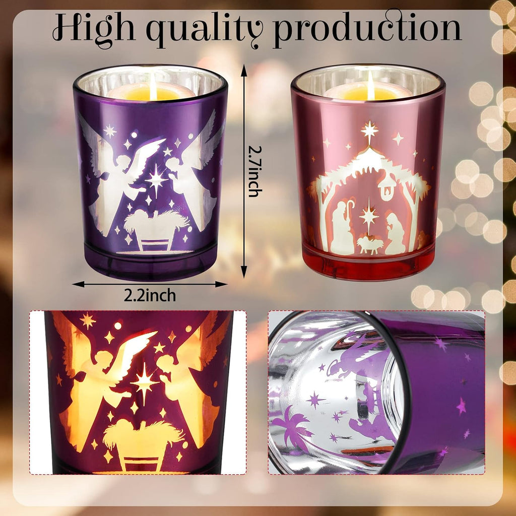 4 Pcs Advent Candle Holders Nativity Glass Purple Pink Tealight