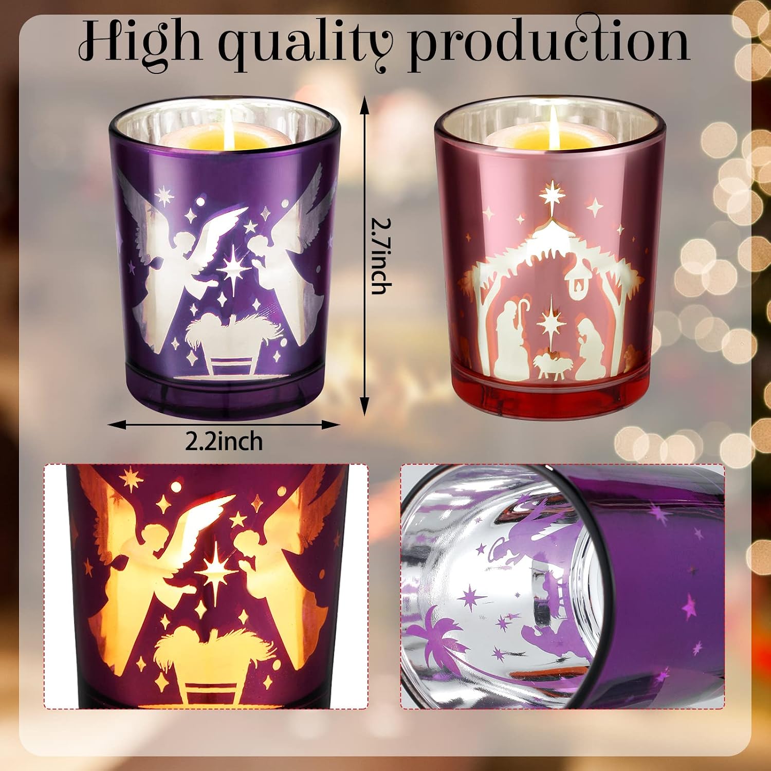 4 Pcs Advent Candle Holders Nativity Glass Purple Pink Tealight