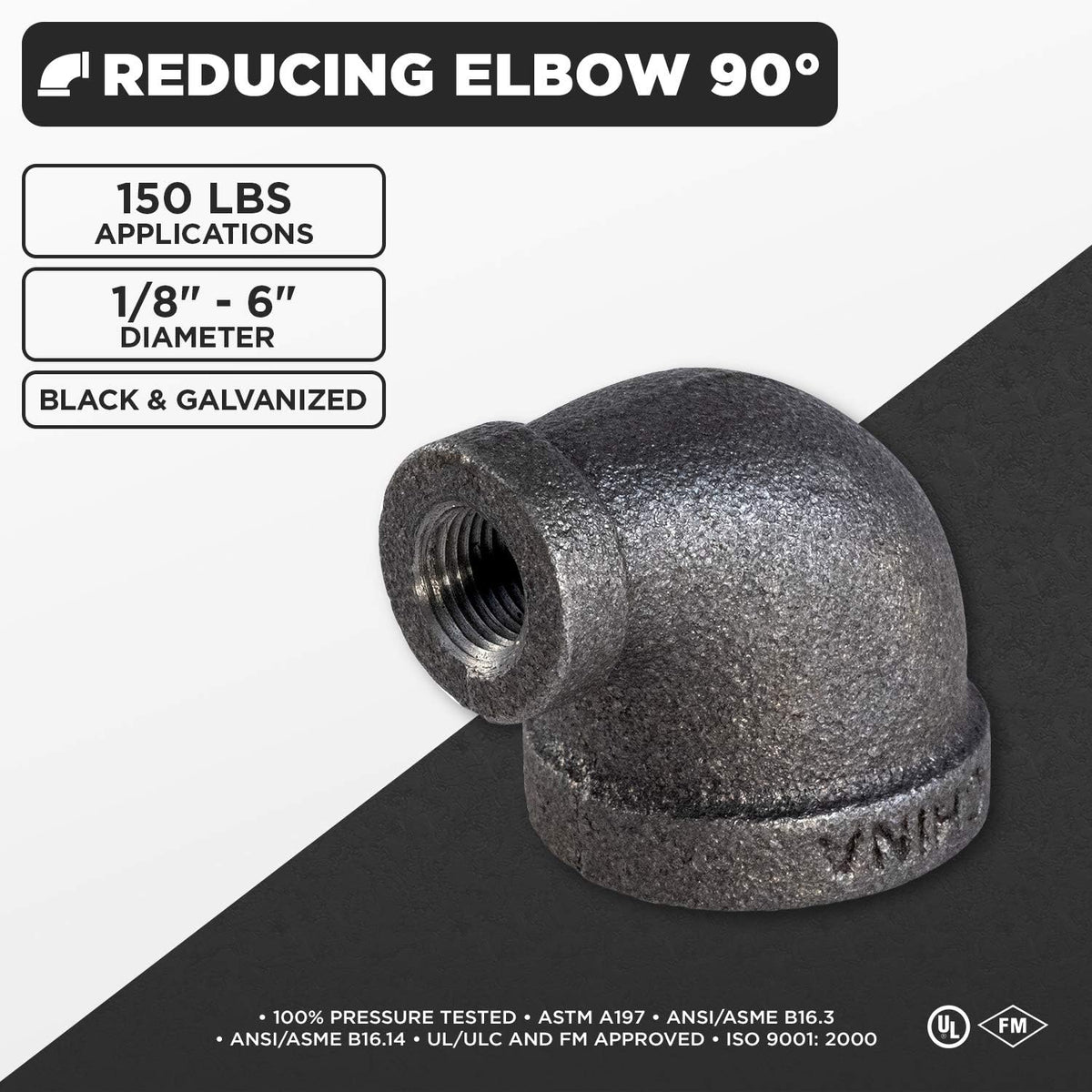 Supply Giant CNSM1002 1" x 1/2" Reducing Malleable Iron Elbow for High Pressures with Female Thread Fittings and Black Finish