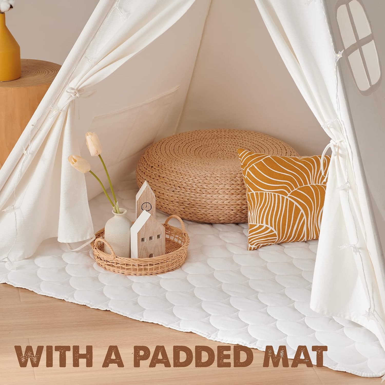 100% Cotton Canvas Teepee Tent for Kids with Mat & Star Lights | 47" × 47" × 60", Soft & Breathable Cotton Canvas