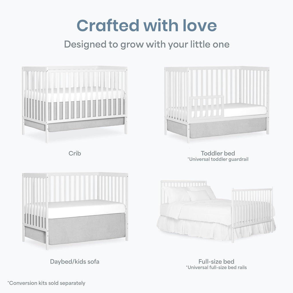Synergy 5-in-1 Convertible Full-Size Baby Crib with Toddler, Day & Full Bed Conversion in White, GreenGuard Gold &