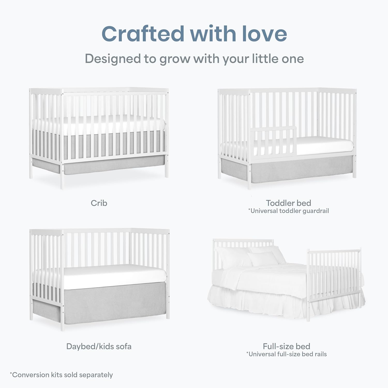 Synergy 5-in-1 Convertible Full-Size Baby Crib with Toddler, Day & Full Bed Conversion in White, GreenGuard Gold &