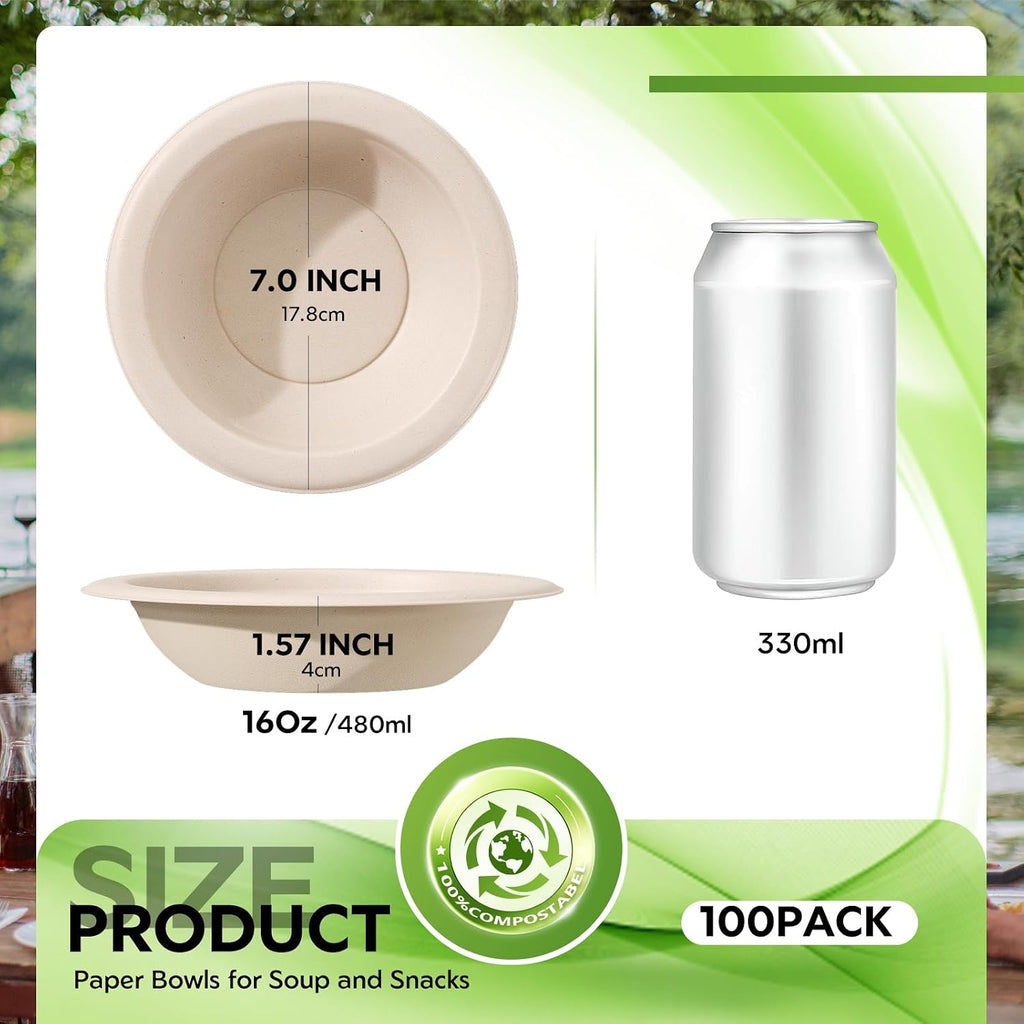 Compostable Paper Bowls 16 oz - 50 Count, Heavy Duty Disposable