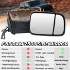 Right Passenger Side Mirror for 2013-2019 Dodge Ram 2500 Black(Long Arm)