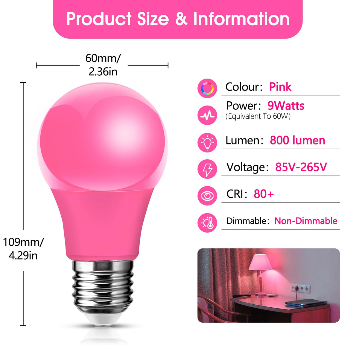 A19 LED Pink Light Bulbs, 9W(Equivalent 60W) E26 Base Bulb for Christmas