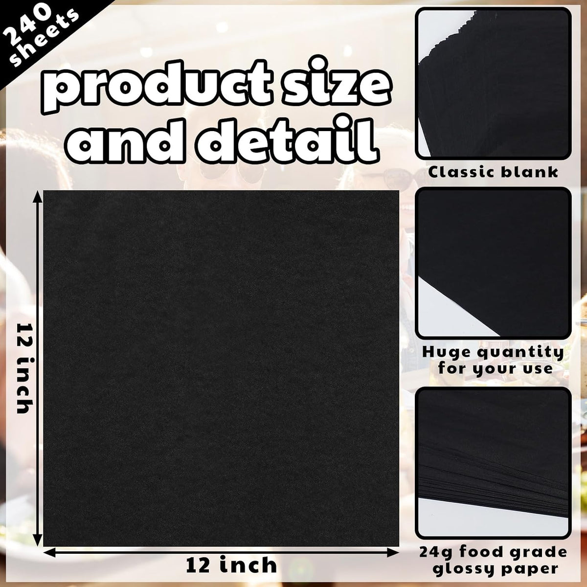 240 Sheets Deli Paper Wax Paper Sheets, Black, 12 x 12 Inch
