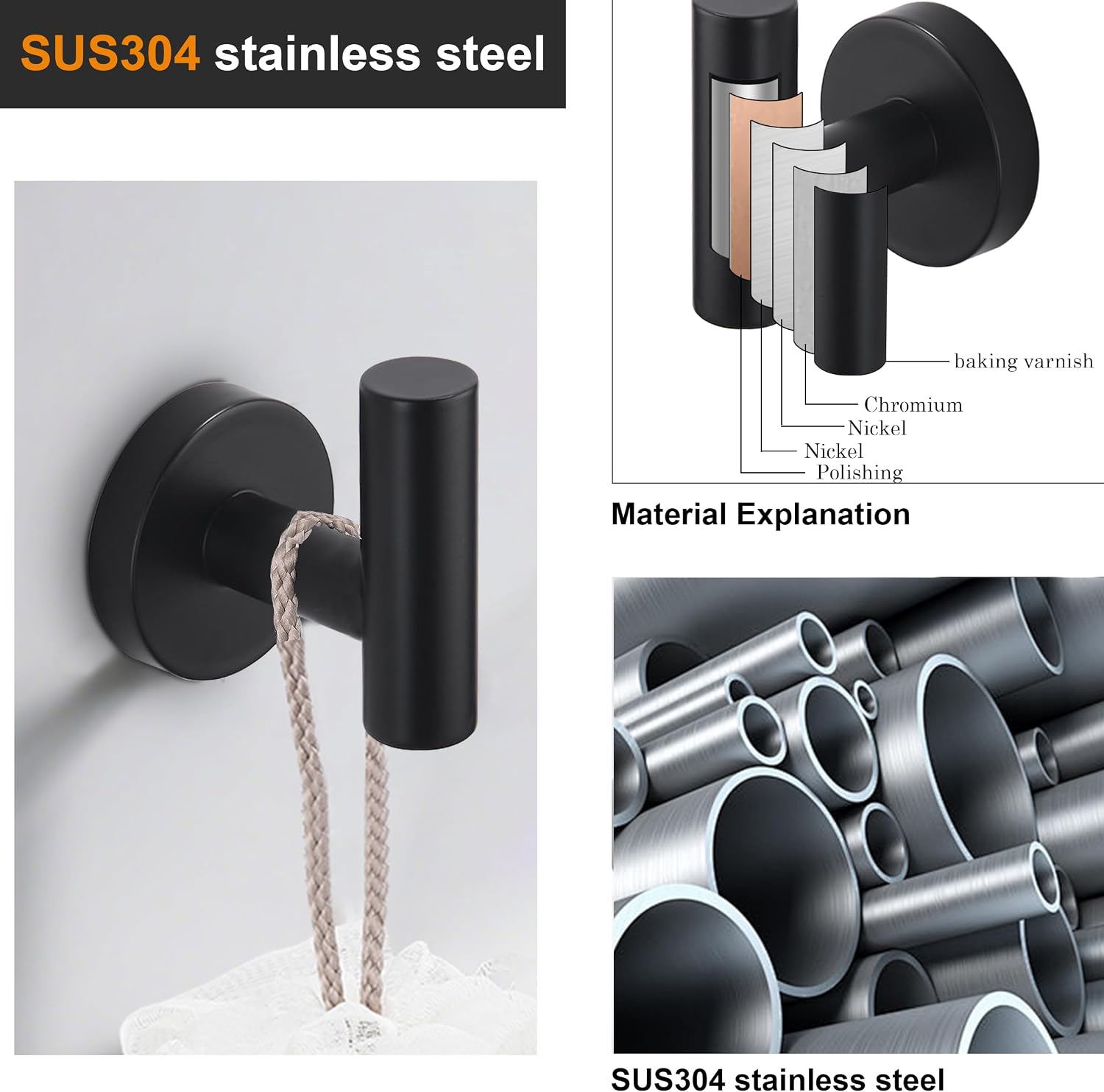 Towel Coat Hook Matte Black SUS304 Stainless Steel Bathroom Clothes Cabinet Closet Sponges Robe Hook Wall Mounted