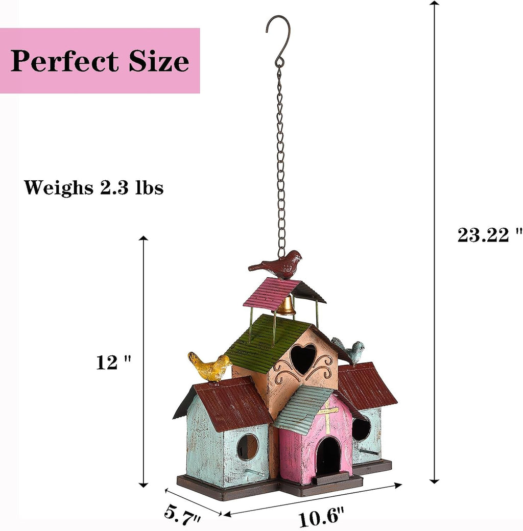 Large Bird Houses for Outside Hanging, 4 Hole Outdoor Bird House with Bell, Easy Clear, Colorful Metal Bird Houses
