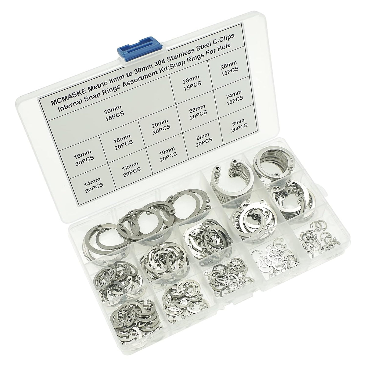 240PCS Metric 8-30mm 304 SS Internal Snap Rings C-Clips Kit