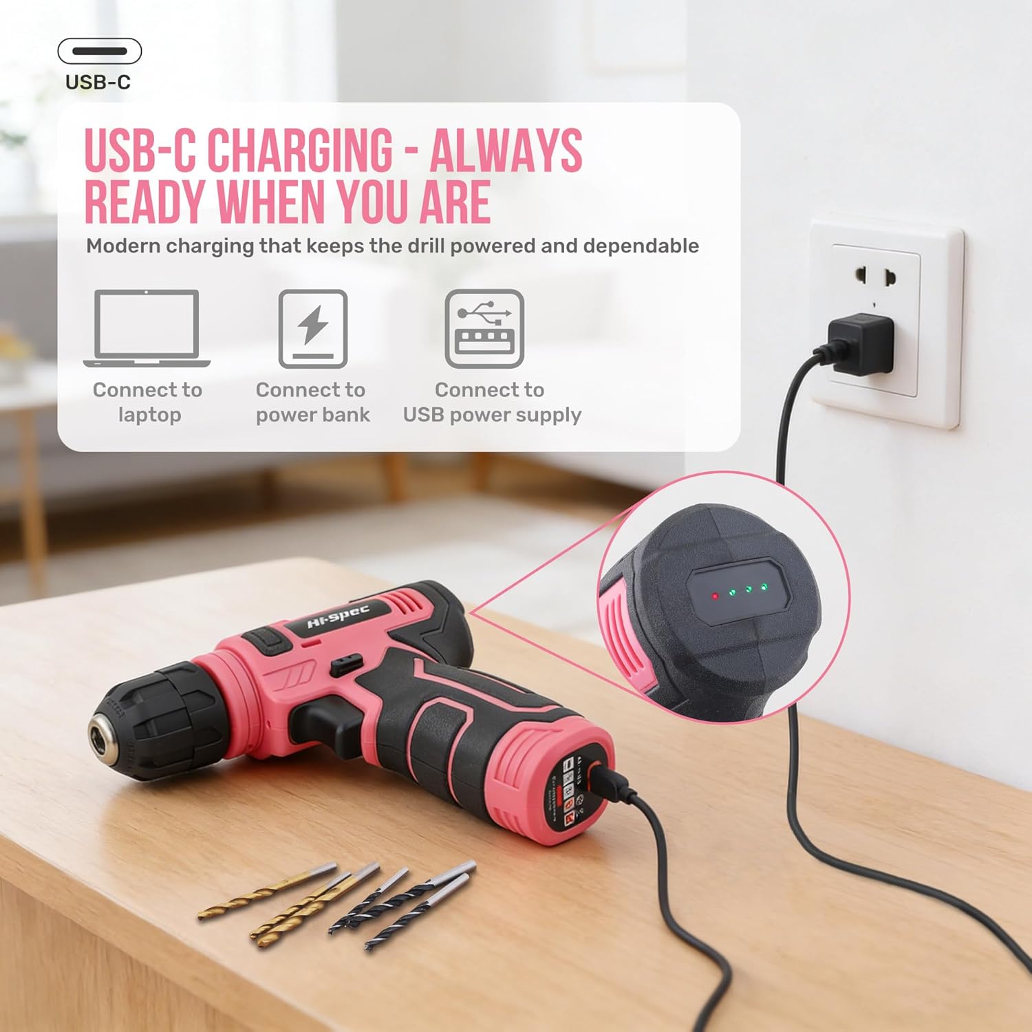 Pink Tool Set with 8V Drill Set. Complete Cordless & Rechargeable USB Electric Drill Driver Kit for Women, Home DIY