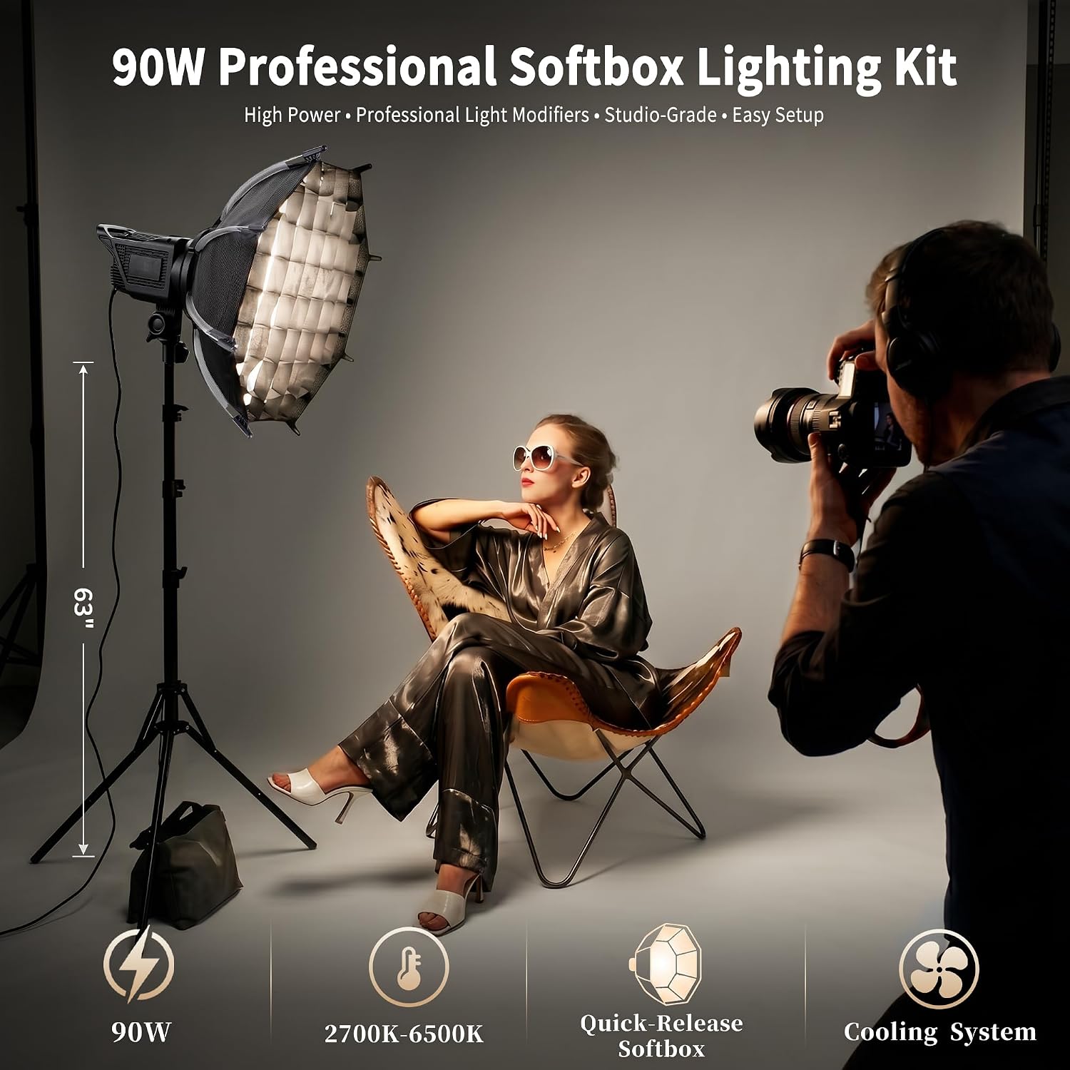 Softbox Lighting Kit, 2700-6500K LED Photography Lighting with 16.5” Quick-Release Softbox/Bowens Mount/Cooling