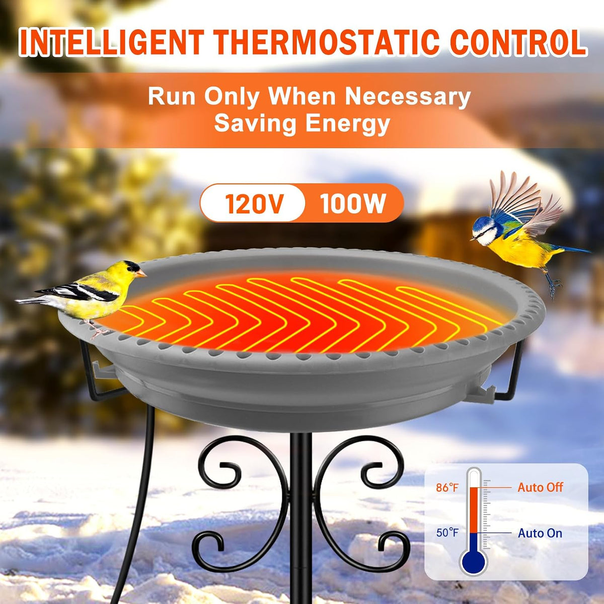 100W Heated Bird Baths for Outdoors, Winter Heated Birdbath, Grey