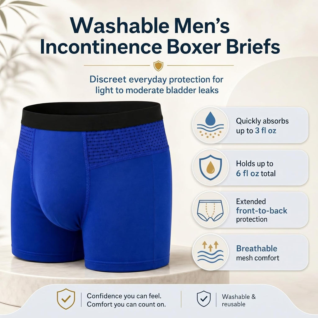 Mens Incontinence Underwear Washable Reusable Boxer Briefs (Blue, X-Large)