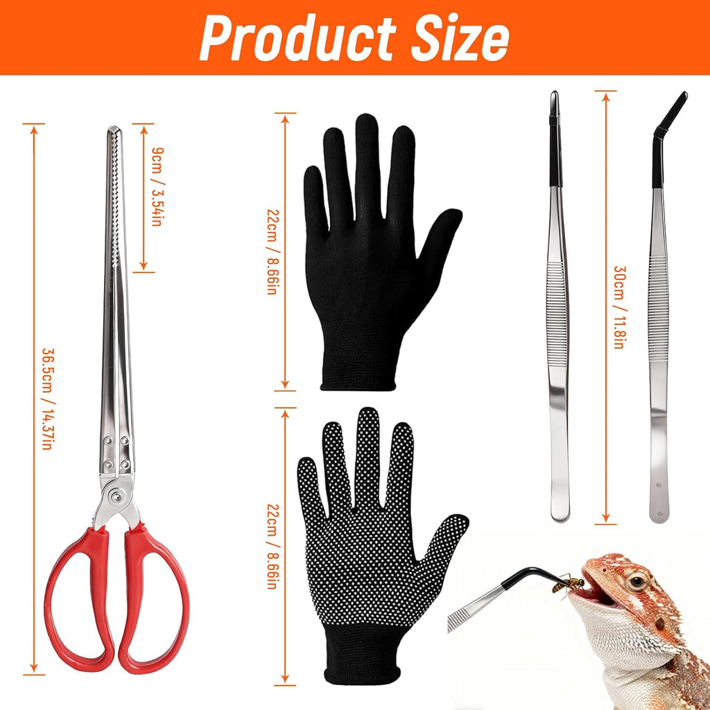 Feeding Tongs, Reptile Feeding Tongs for Snakes, Lizard, 3PCS Stainless Steel Tweezers with Gloves & Black Rubber Tips
