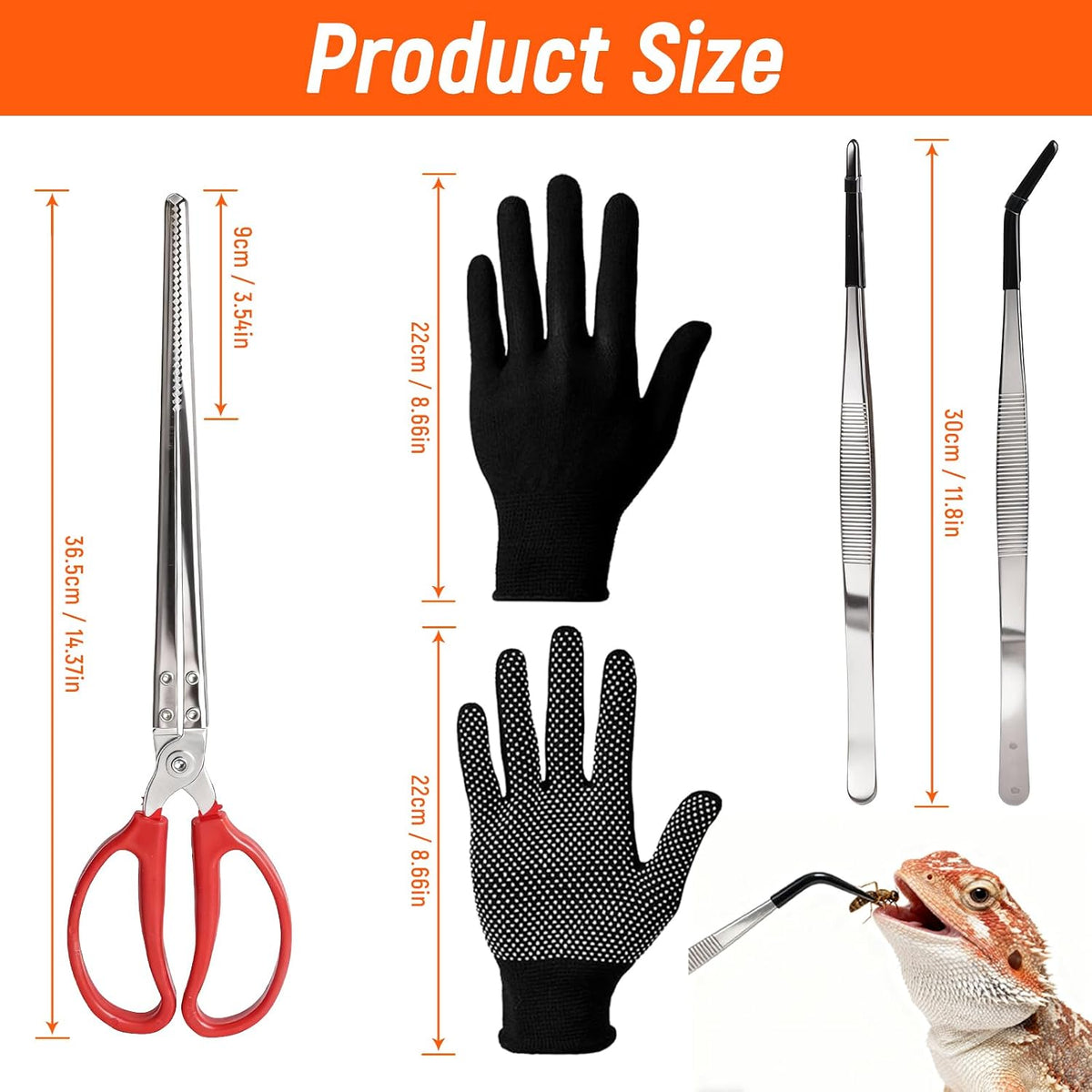 Feeding Tongs, Reptile Feeding Tongs for Snakes, Lizard, 3PCS Stainless Steel Tweezers with Gloves & Black Rubber Tips