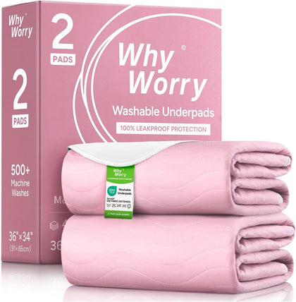 Washable Bed Pads for Adult Incontinence, 34"x36", Pink, 2 Count