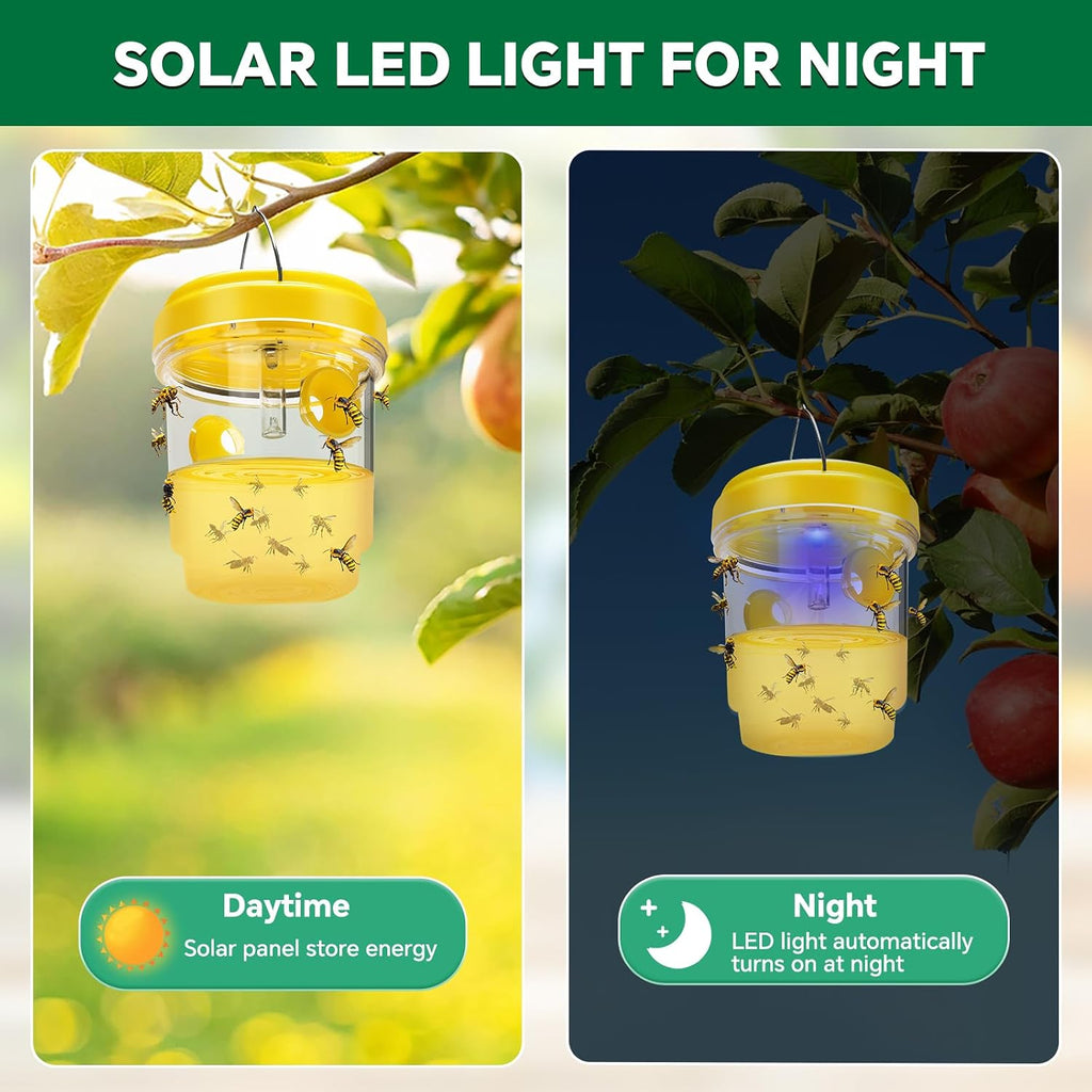 Wasp Trap, Solar Wasp Traps Outdoor Hanging, Reusable Yellow Jacket Hornet Trap with LED Light for Outside Garden