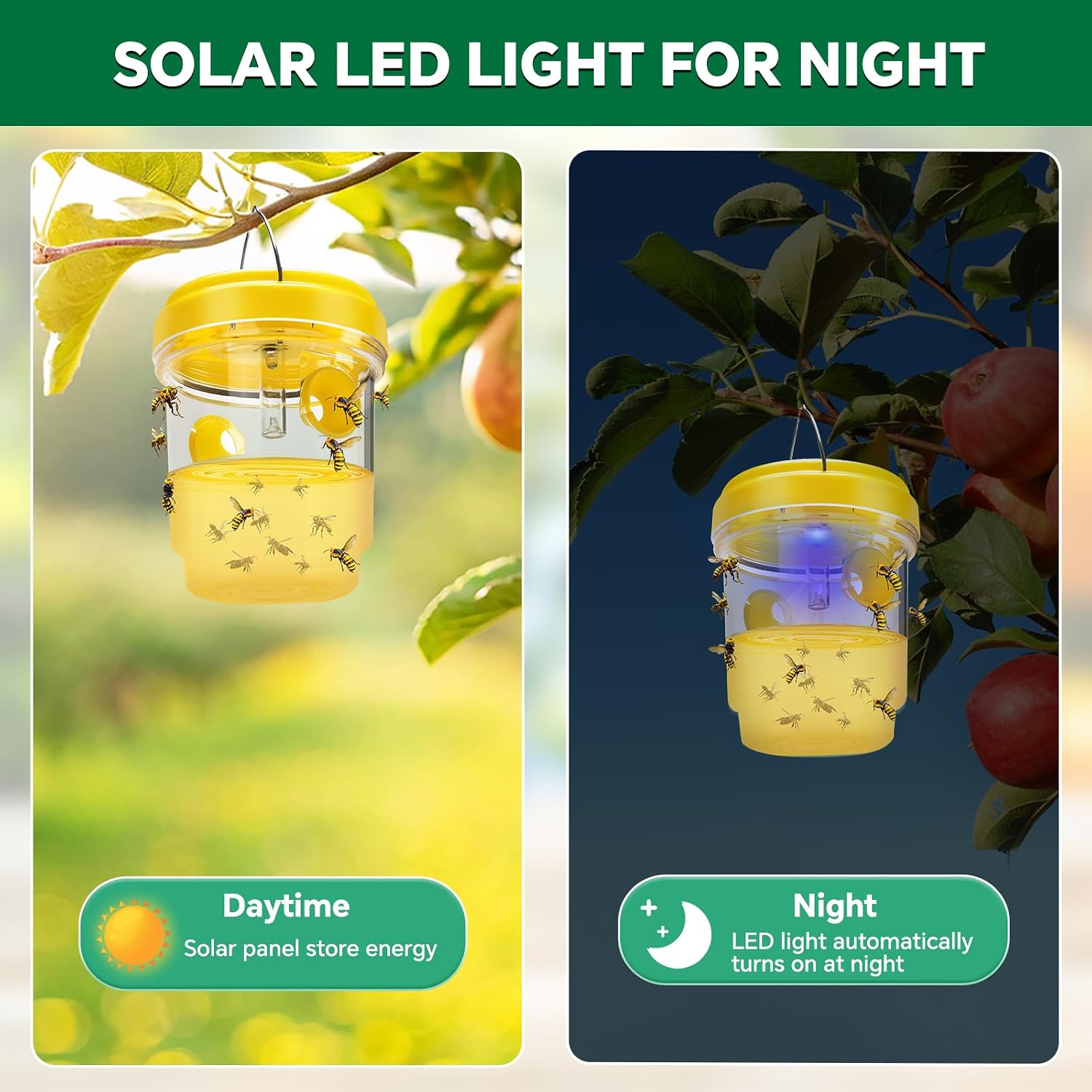 Wasp Trap, Solar Wasp Traps Outdoor Hanging, Reusable Yellow Jacket Hornet Trap with LED Light for Outside Garden