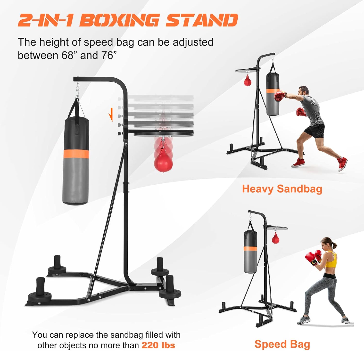 Punching Bag with Stand Adult, Freestanding Boxing Machine with Height Adjustable Speed Ball & Sandbag, Pre Filled