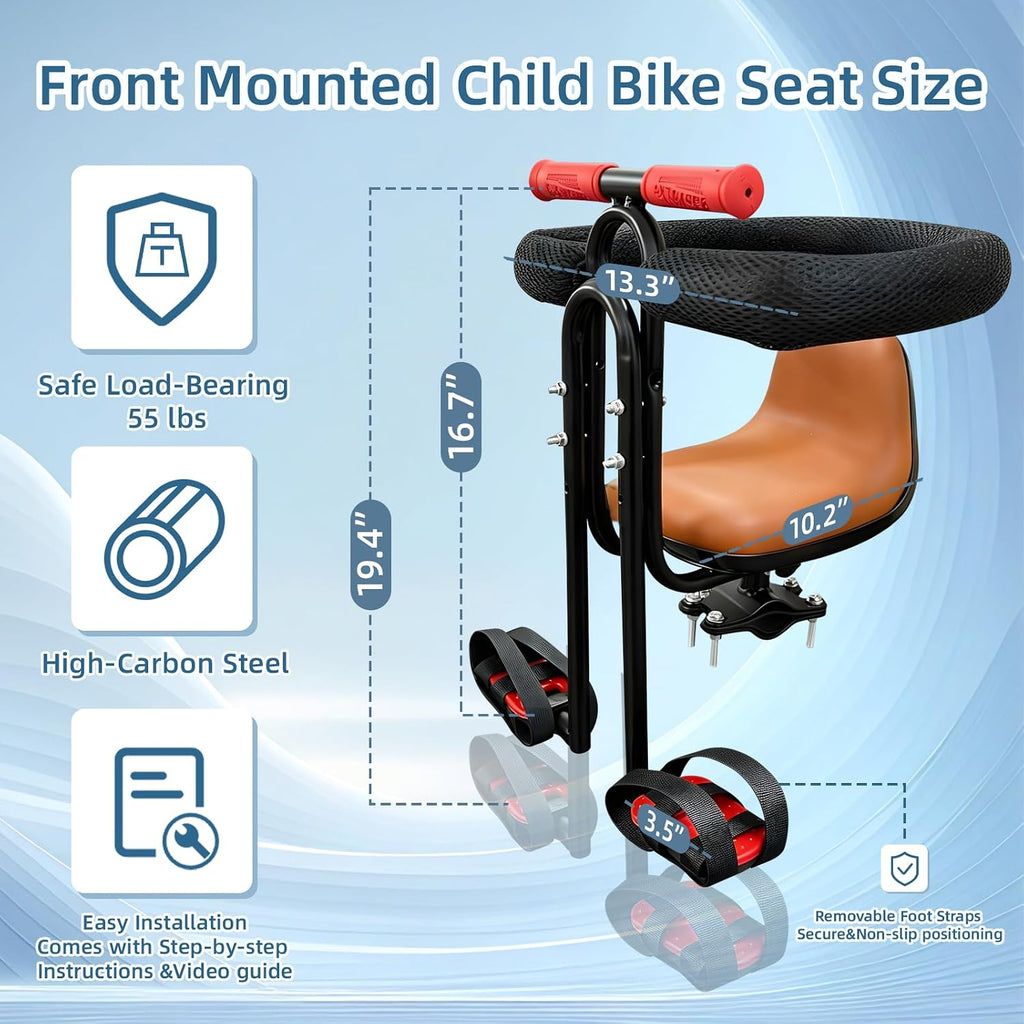 Front Mounted Child Bike Seat for Adult MTB–Interactive Toddler Bicycle Carrier with Full Guardrail,Foot Pedals &