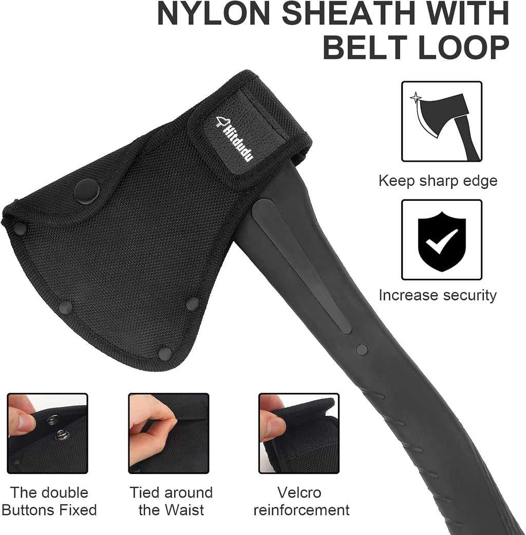 Camping Hatchet, 14" Camping Axe Throwing Axe for Outdoor Wood Splitting and Kindling, Forged Carbon Steel Heat