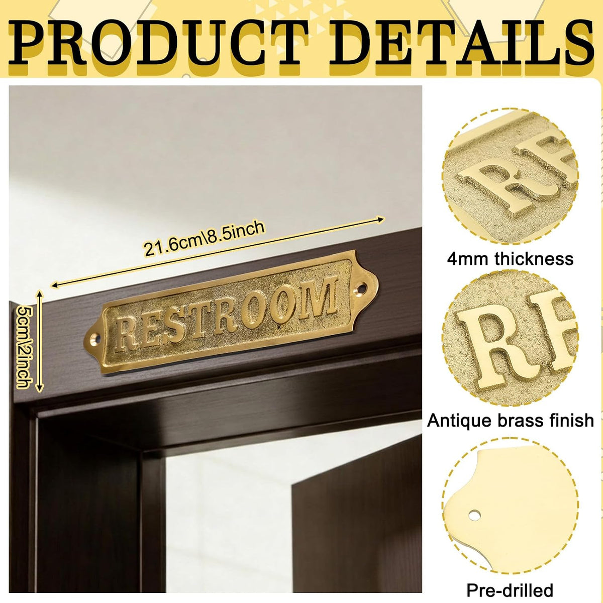 8.5 x 2 Inch Restroom Sign Solid Brass Metal Door Sign