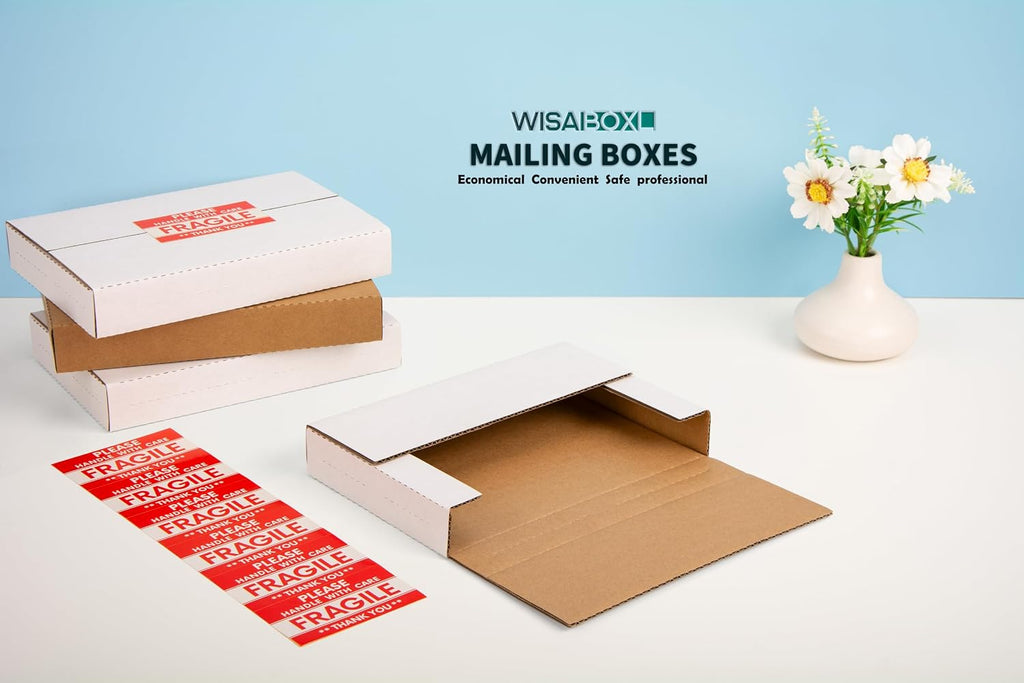 9x6x1.3 inch Shipping Boxes with Fragile Stickers, White, 25-Pack