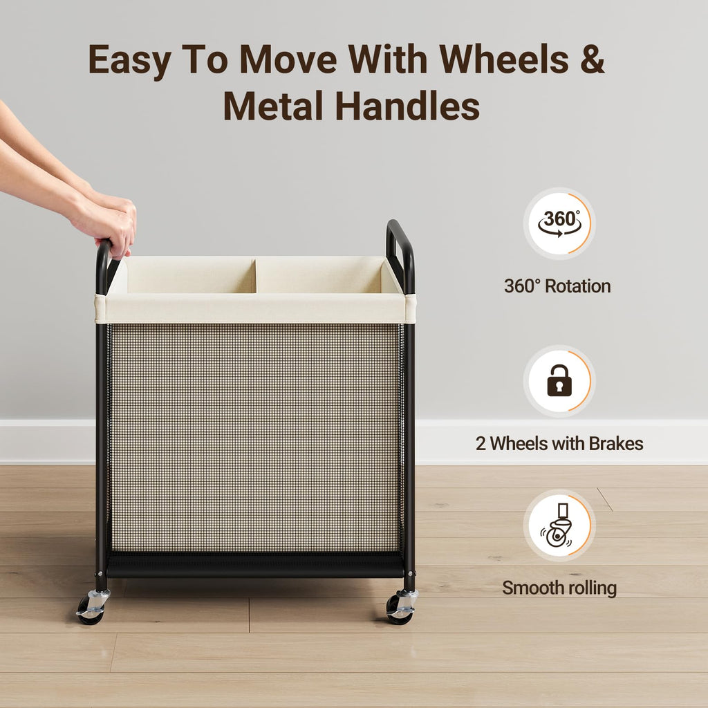 Laundry Hamper 2 Section, 100L Rolling Laundry Sorter with Wheels