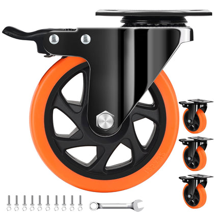 5 Inch Caster Wheel with Dual Brake, Heavy Duty, Silent, Set of 4