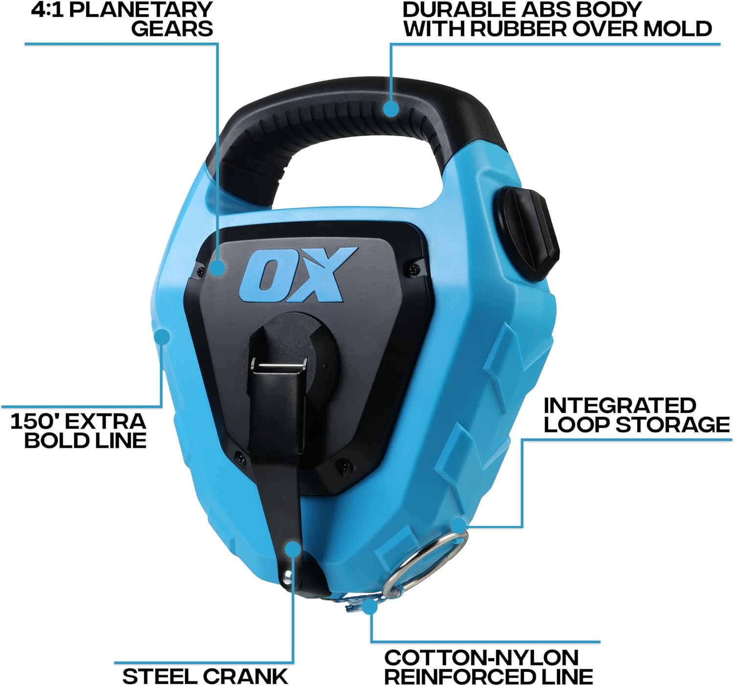 150ft Giant Chalk Line Tool - Extra Bold 4:1 Quick Wind Reel | 150-ft extra bold cotton-nylon line reel with 4:1
