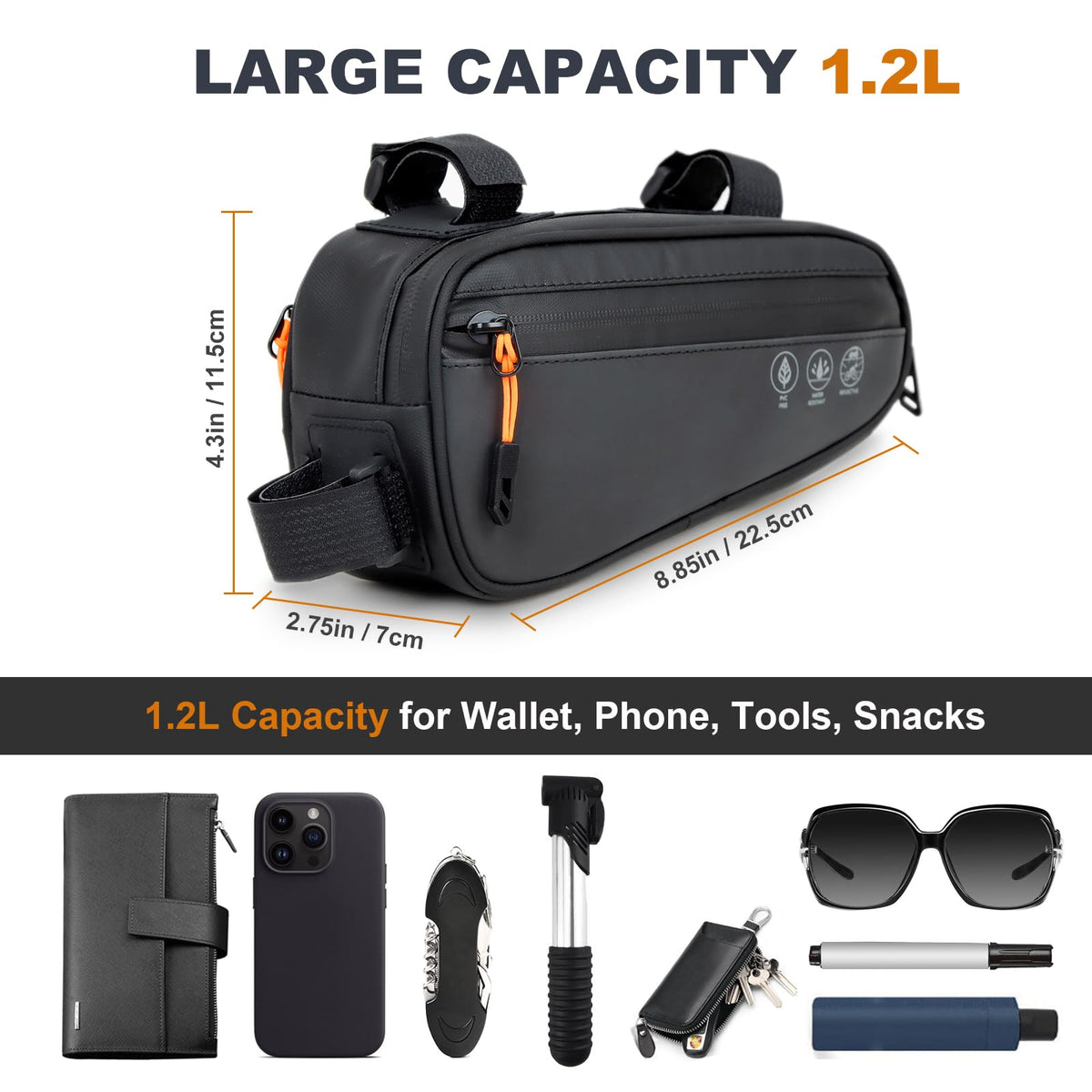 Bike Frame Bag, Waterproof Storage Pouch with Side Pockets