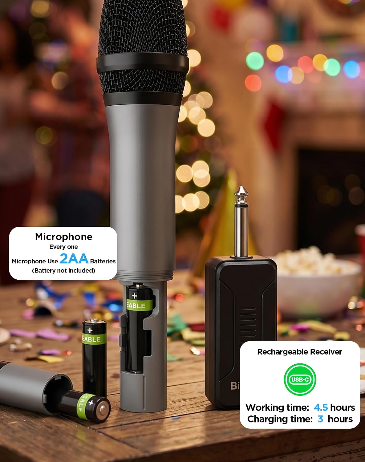 UHF Wireless Microphone with 1/4'' Plug Rechargeable Receiver, 160 Feet, Professional Metal Dual Handheld Cordless
