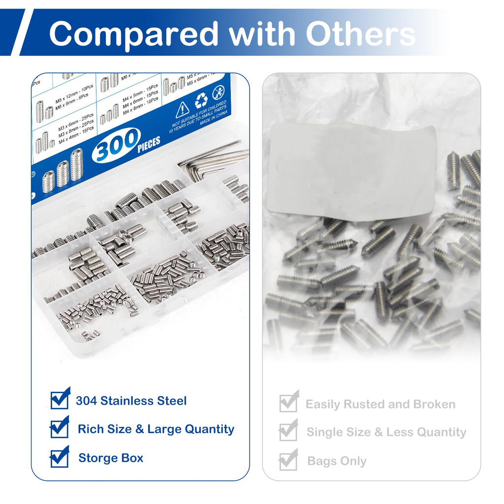 300Pcs Metric Set Screw Assortment Kit, Flat Point Allen Head Grub Screws