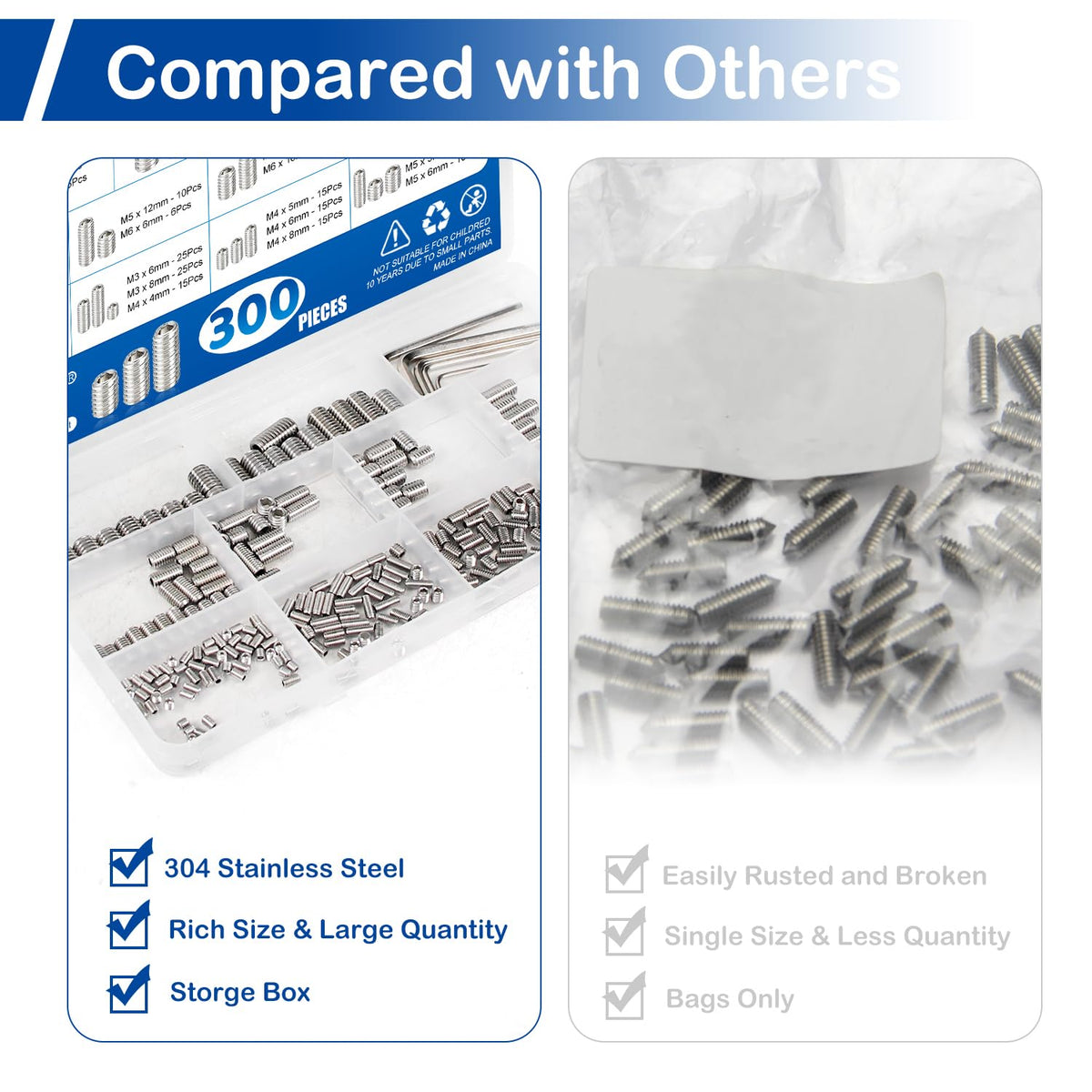 300Pcs Metric Set Screw Assortment Kit, Flat Point Allen Head Grub Screws