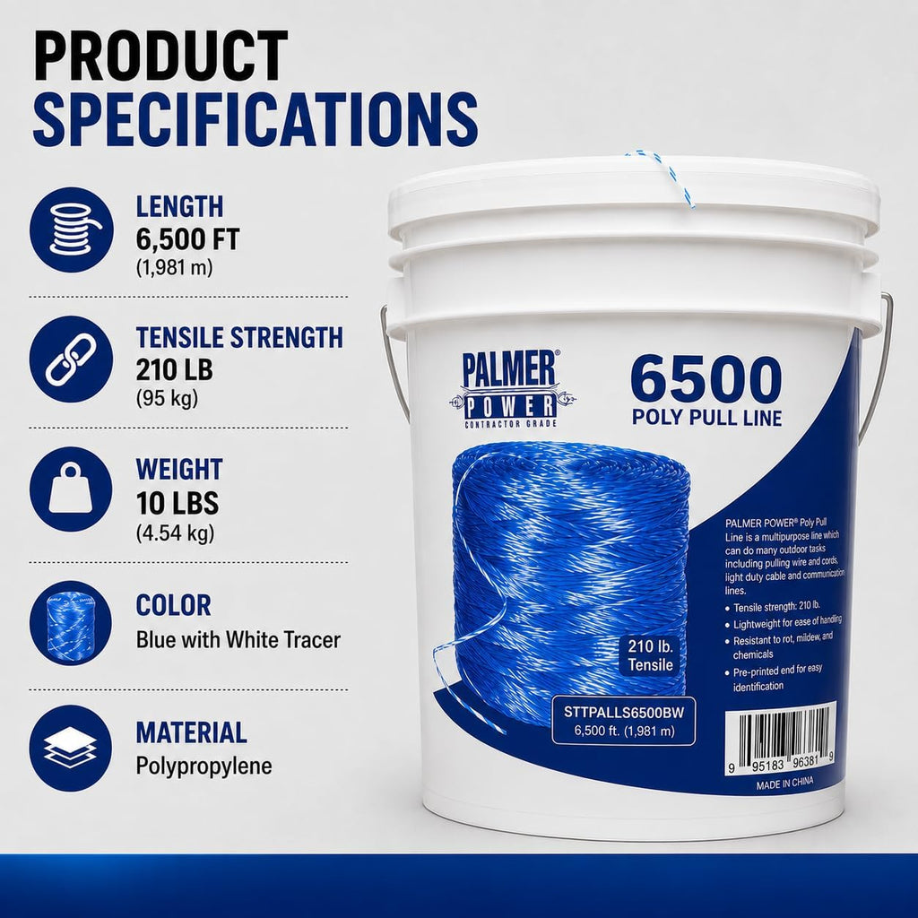PL6501D Poly Pull Line Bundle - 210 lbs Tensile Strength, Polypropylene Twine Line - 6,500 Ft in Bucket & Reusable Lid