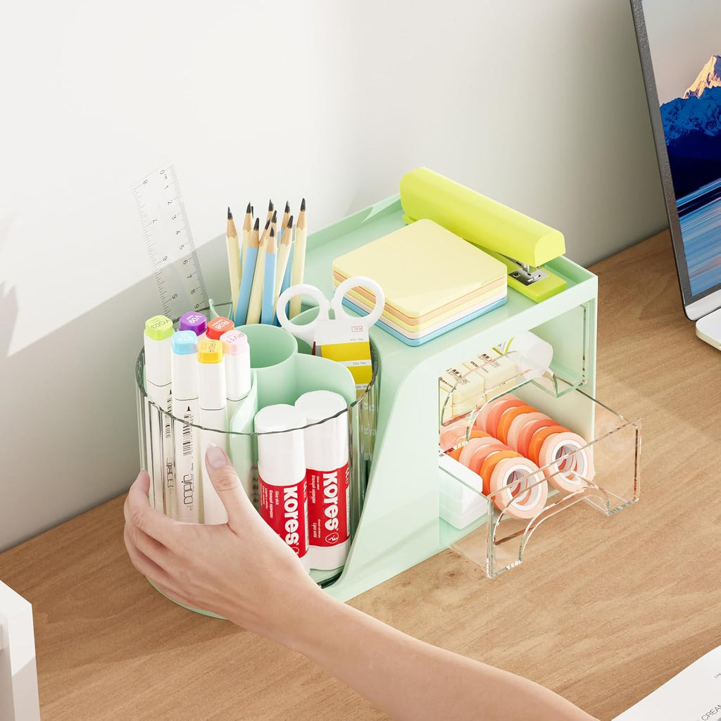 Desk Organizer with 2 Drawer, 360°Rotating Pen Holder, Desk Organizers and Accessories with 6 Slots Pencil Holder + 2