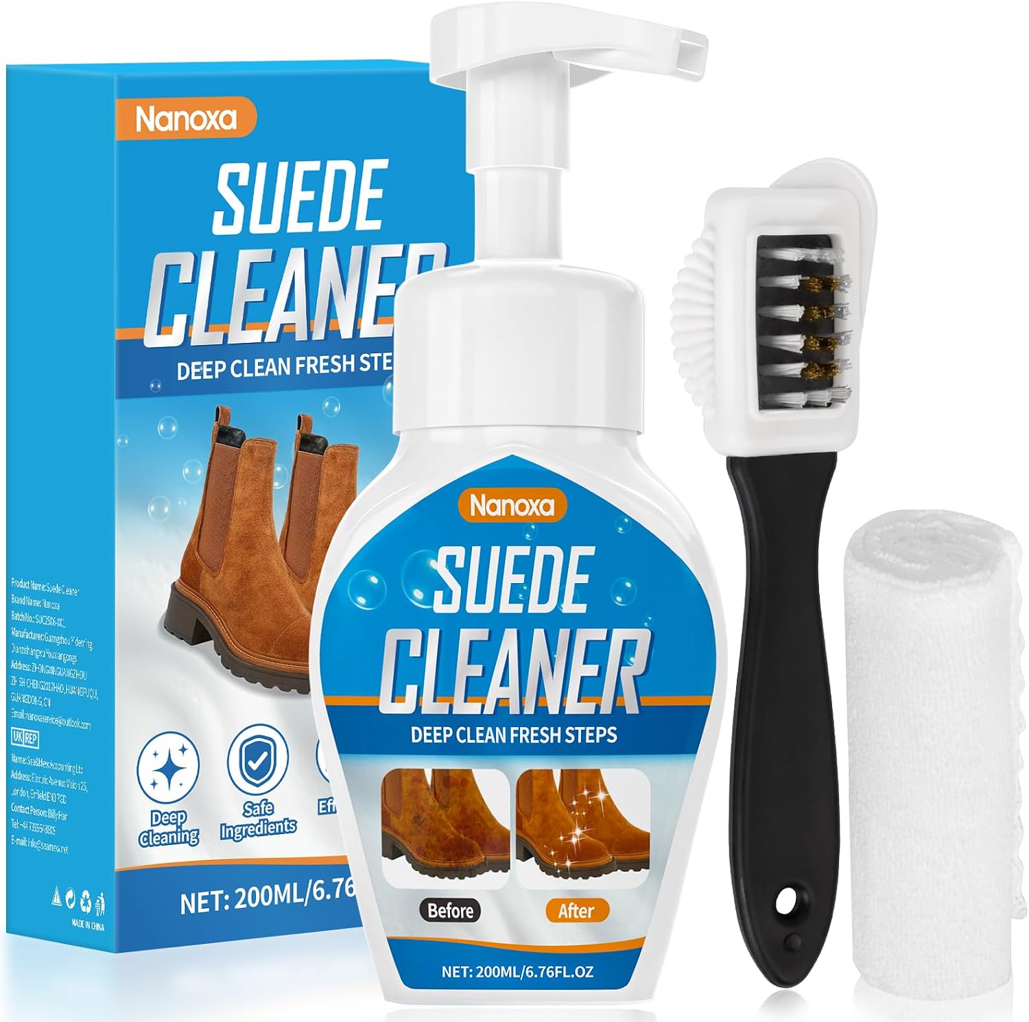 Suede Shoe Cleaner, Suede & Nubuck Cleaner Removes Dirt and Stains, No-Rinse Foam Suede Cleaner Kit for Suede, Nubuck