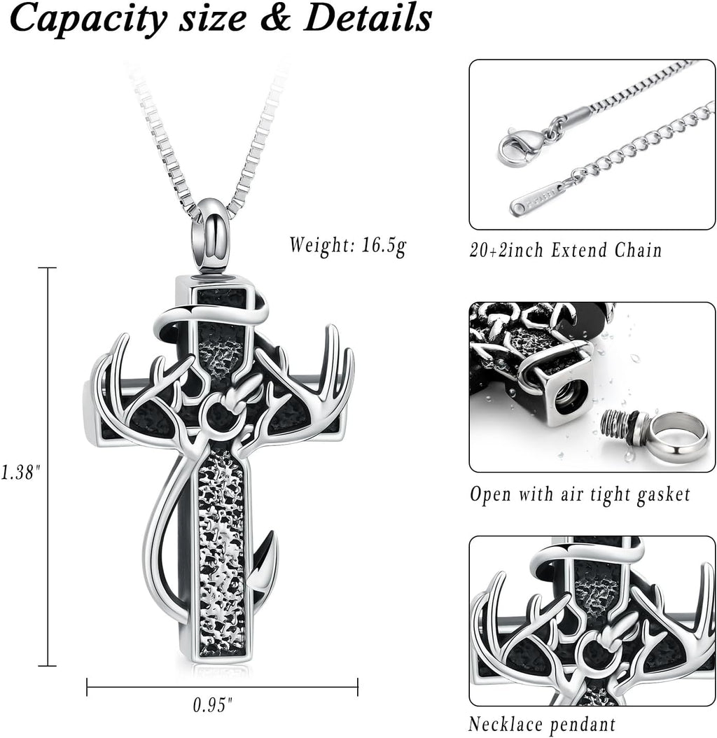 Cross Cremation Jewelry Urn Necklace for Human Ashes Fish Hook Memorial Urn Pendant Deer Antler Cross Ashes Holder