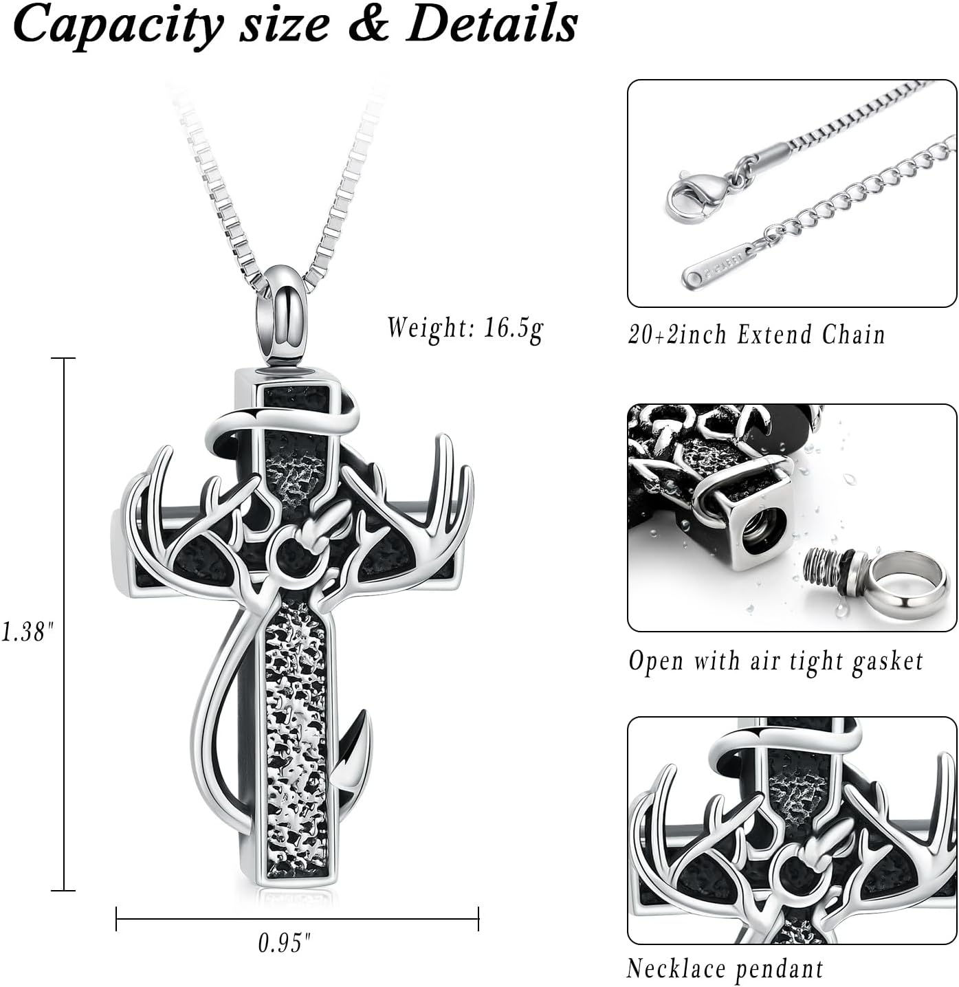 Cross Cremation Jewelry Urn Necklace for Human Ashes Fish Hook Memorial Urn Pendant Deer Antler Cross Ashes Holder
