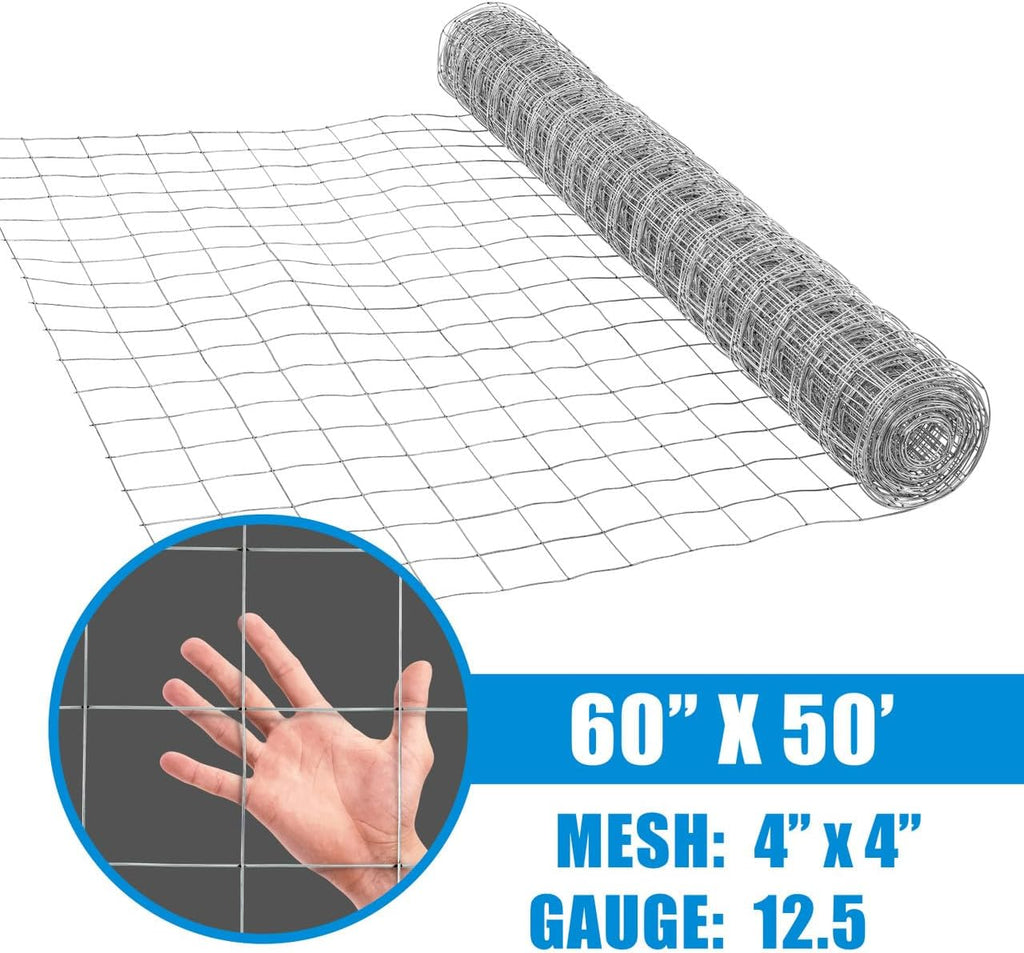 Welded Wire Fence 12.5 Gauge, Galvanized Welded Fence Wire Roll, Mesh Size 4-Inch x 4-Inch, Hog Wire Fencing Cage