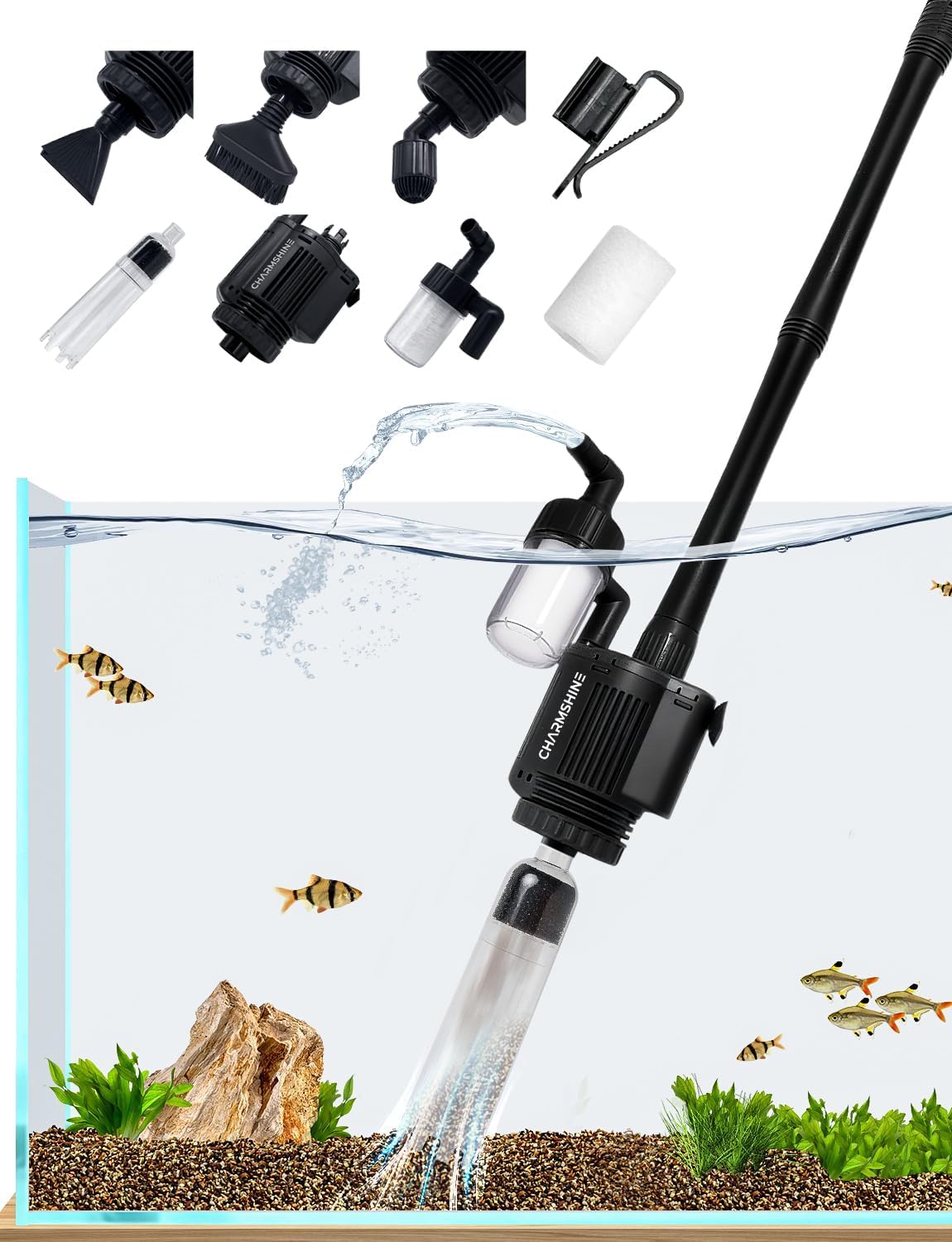 Gravel Vacuum for Aquarium, 6 in 1 Fish Tank Cleaner Tool Kit Electric Vacuum Gravel Cleaner for Aquarium Automatic