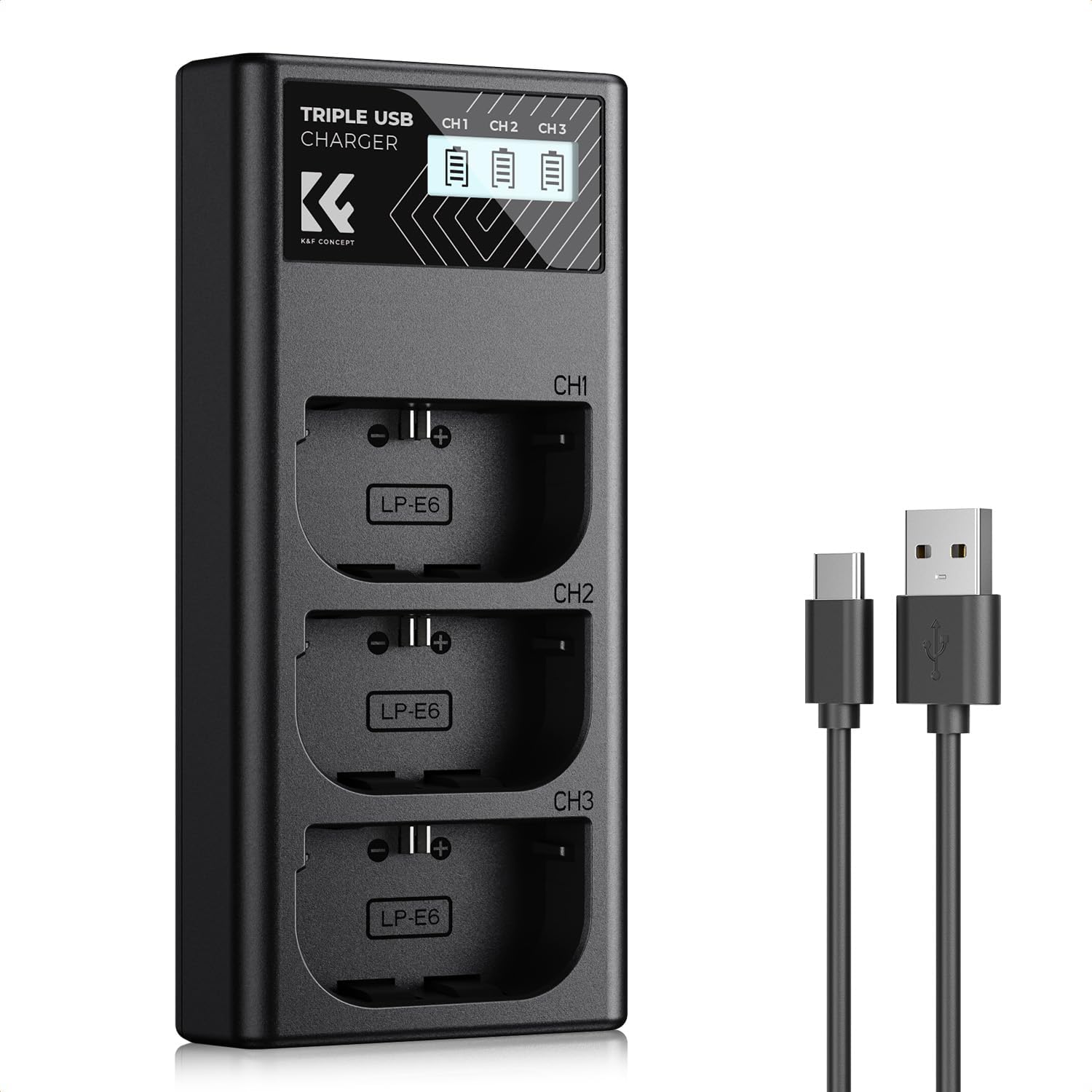 LP-E6NH 3-Slot Charger, LP-E6 LP-E6N Battery Charger with LCD Display for Canon EOS R5 R6 R7 5D 6D 7D Mark II Cameras