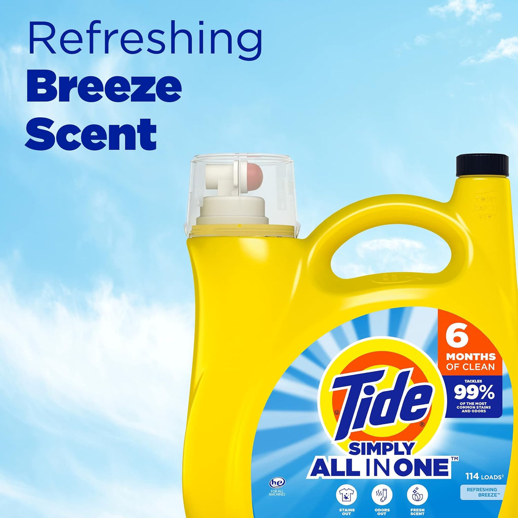 Simply All-In-One Liquid Laundry Detergent, Refreshing Breeze Scent, 128 Loads, 168 fl oz