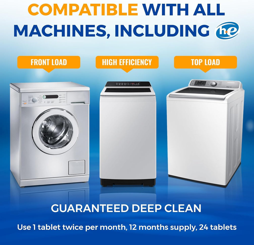 Washing Machine Cleaner Tablets 24 pack Powerful Descaler -Deep Cleaning for HE Front Loader & Top Load Washer Septic